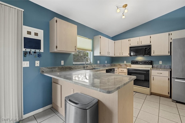 kitchen featuring kitchen peninsula, stainless steel appliances, sink, vaulted ceiling, and light tile patterned floors