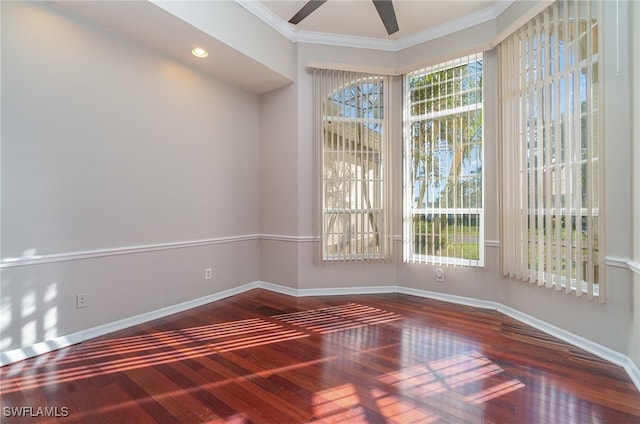 unfurnished room featuring ornamental molding, hardwood / wood-style floors, and ceiling fan