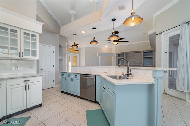 kitchen with white cabinetry, light tile patterned flooring, dishwasher, and sink