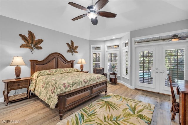 bedroom with french doors, light hardwood / wood-style flooring, access to outside, and ceiling fan