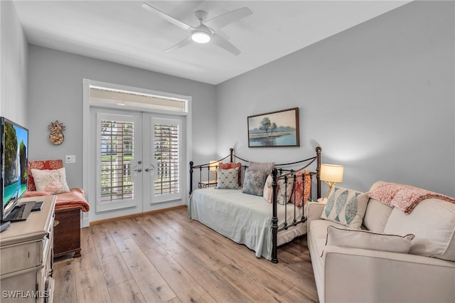 bedroom with access to outside, french doors, light hardwood / wood-style floors, and ceiling fan