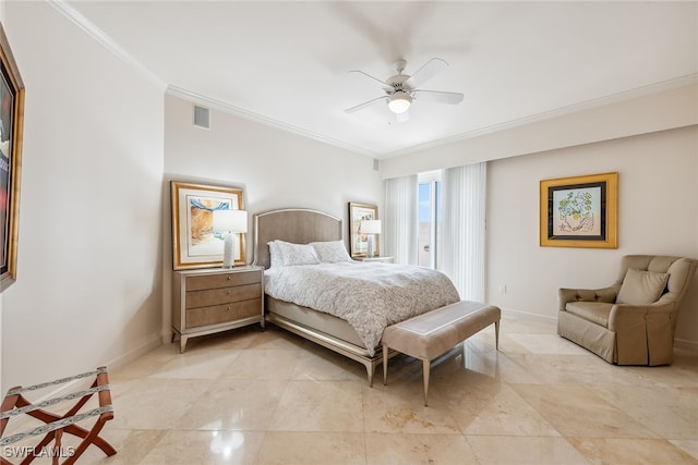 bedroom featuring ceiling fan and ornamental molding