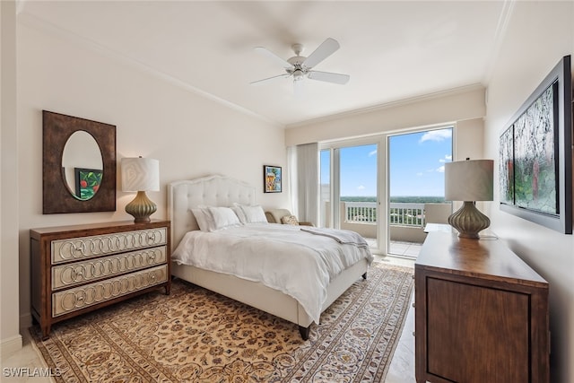 tiled bedroom featuring access to exterior, ceiling fan, and crown molding