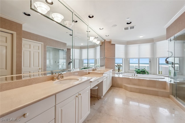 bathroom with shower with separate bathtub, vanity, and crown molding