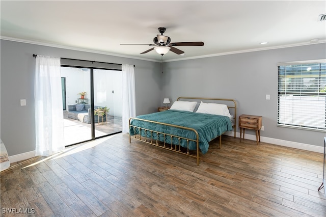 bedroom with ceiling fan, crown molding, dark hardwood / wood-style flooring, and access to exterior