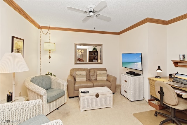 carpeted living room with ceiling fan, ornamental molding, and a textured ceiling