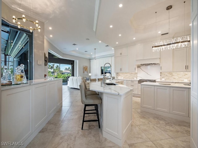 kitchen with a large island with sink, sink, white cabinetry, and a raised ceiling