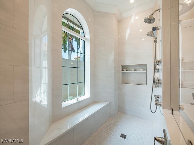 bathroom featuring tile walls, tile patterned flooring, plenty of natural light, and tiled shower