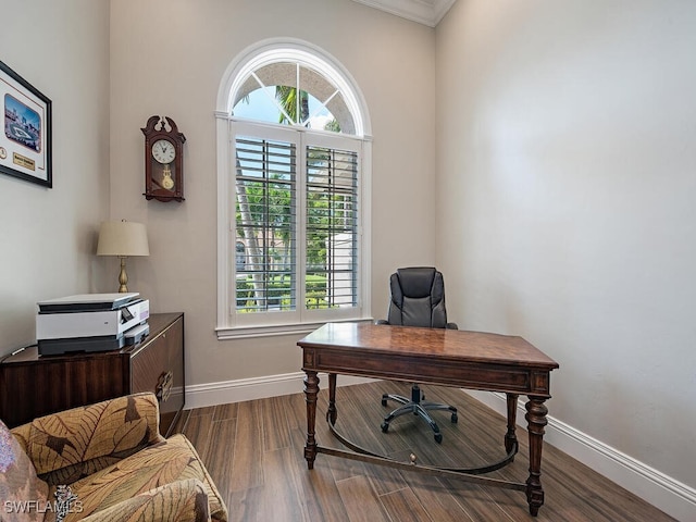 home office with ornamental molding and hardwood / wood-style floors