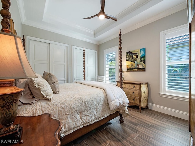 bedroom featuring ceiling fan, a tray ceiling, and multiple windows