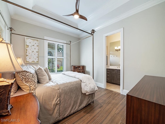 bedroom with connected bathroom, crown molding, wood-type flooring, and ceiling fan