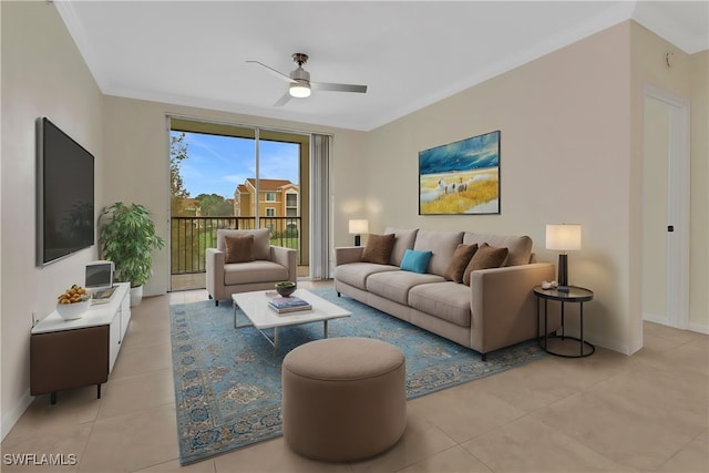 living room with ceiling fan, light tile patterned floors, and ornamental molding