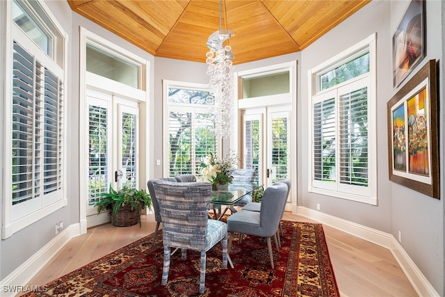 sunroom with wood ceiling and french doors