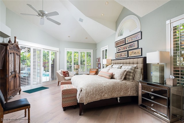 bedroom featuring high vaulted ceiling, ceiling fan, access to outside, and light hardwood / wood-style flooring