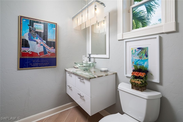 bathroom with hardwood / wood-style floors, vanity, and toilet