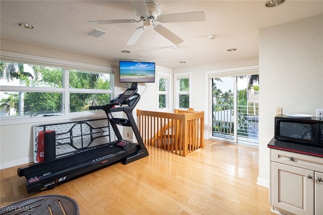 exercise room with ceiling fan, light wood-type flooring, and a wealth of natural light