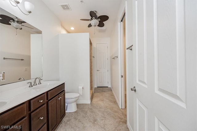 bathroom featuring tile patterned flooring, vanity, toilet, and ceiling fan