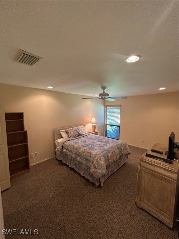 carpeted bedroom featuring ceiling fan