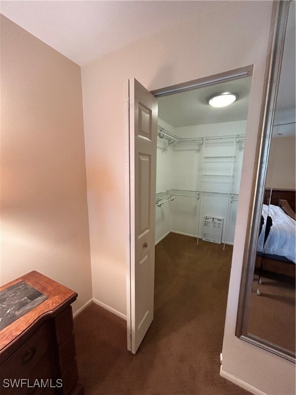 spacious closet with dark colored carpet