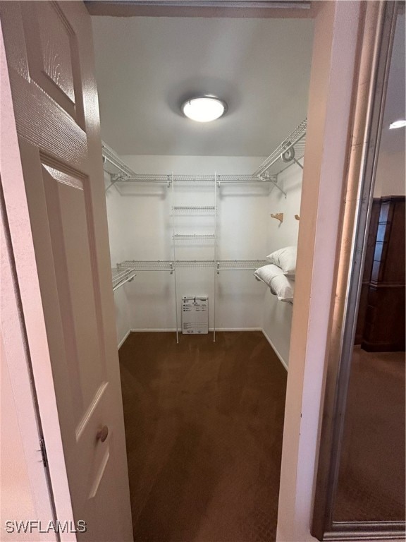 spacious closet featuring dark carpet