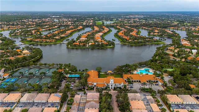 aerial view featuring a water view