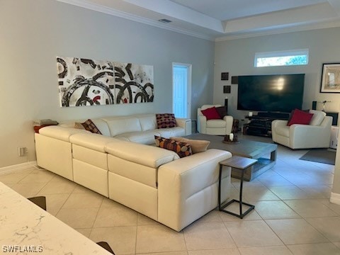 tiled living room with crown molding