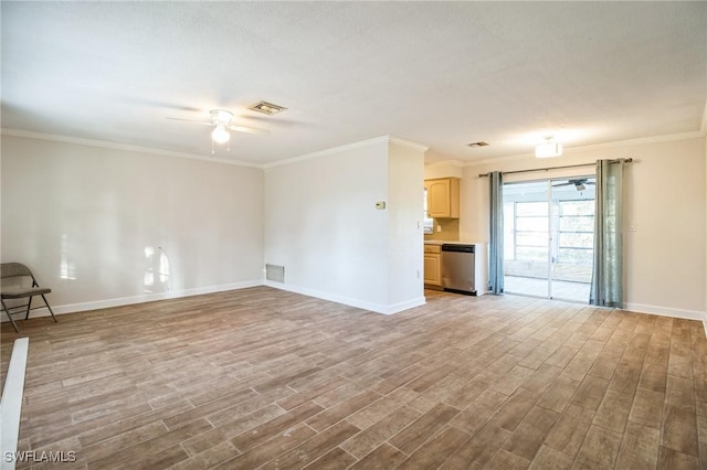 unfurnished living room featuring ceiling fan, light hardwood / wood-style floors, and ornamental molding