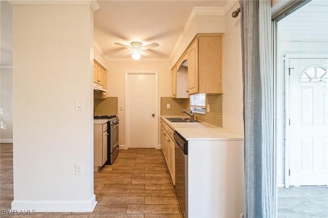 kitchen with sink, light brown cabinets, light wood-type flooring, appliances with stainless steel finishes, and ornamental molding