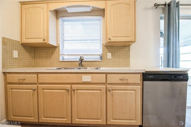 kitchen featuring stainless steel dishwasher, backsplash, light brown cabinets, and sink