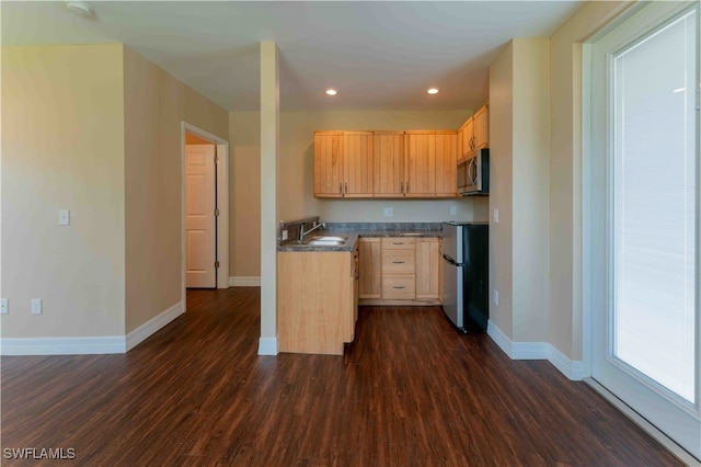 kitchen with light brown cabinetry, sink, appliances with stainless steel finishes, and dark hardwood / wood-style floors