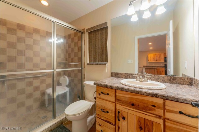 bathroom with vanity, toilet, and a shower with door