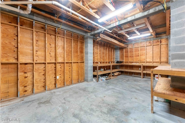 basement with a workshop area