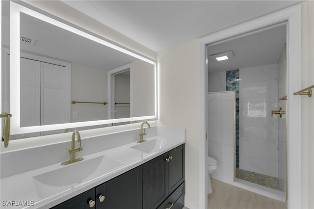 bathroom with vanity, a tile shower, and toilet