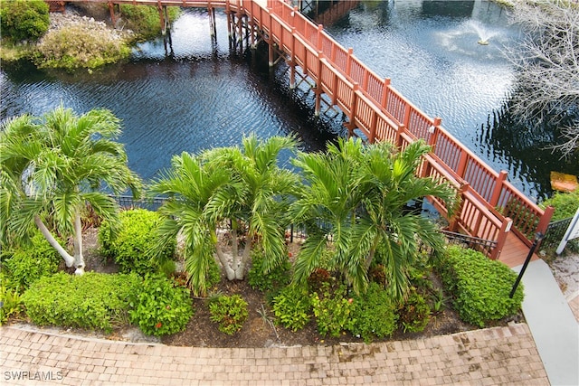 aerial view featuring a water view