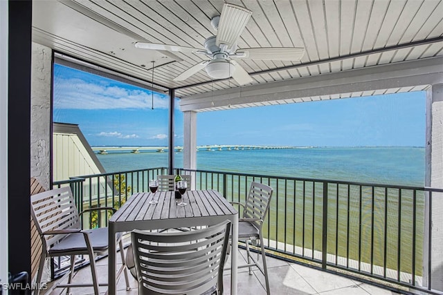 balcony featuring a water view and ceiling fan