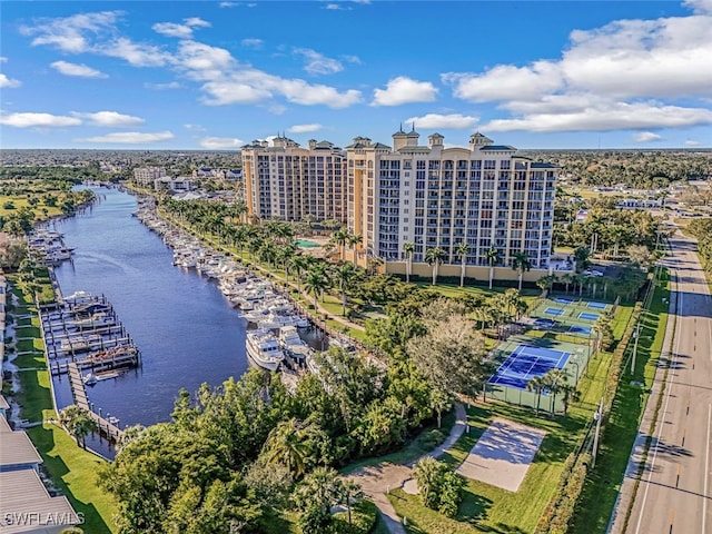 bird's eye view with a water view