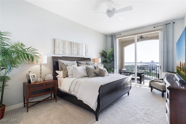 bedroom featuring ceiling fan, access to exterior, and light carpet