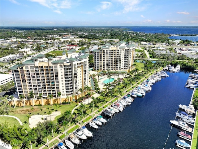 aerial view featuring a water view