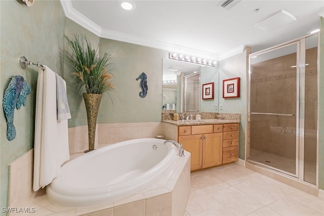 bathroom featuring tile patterned floors, vanity, crown molding, and plus walk in shower