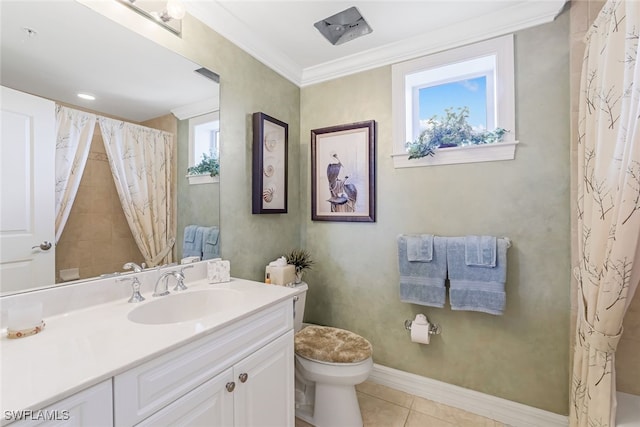 bathroom featuring tile patterned flooring, vanity, ornamental molding, and toilet