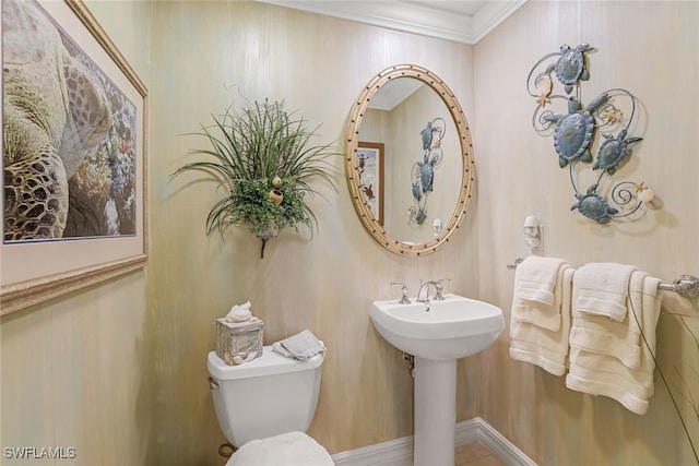 bathroom with toilet and ornamental molding