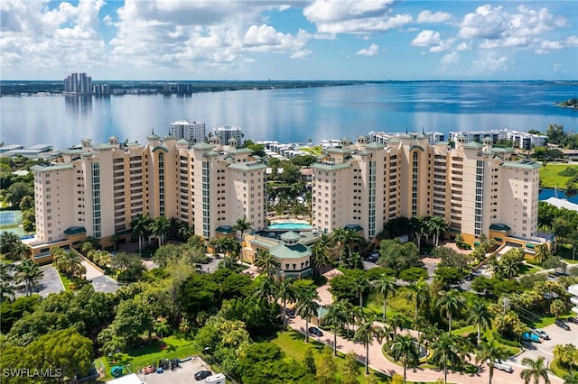 birds eye view of property featuring a water view