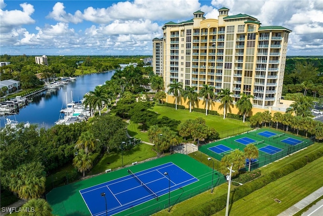 birds eye view of property featuring a water view