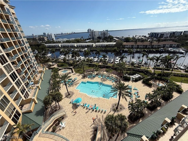 exterior space featuring a patio and a water view