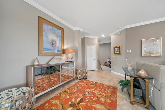 hall featuring crown molding and light tile patterned floors