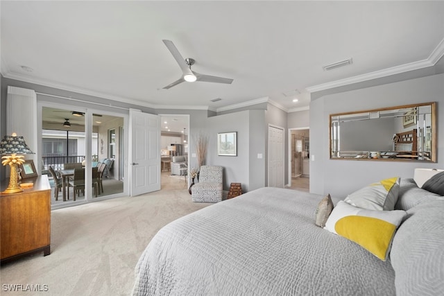 carpeted bedroom featuring a closet, access to outside, ceiling fan, and crown molding