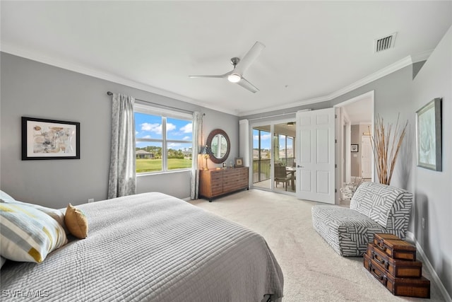 bedroom featuring ceiling fan, access to outside, ornamental molding, and light colored carpet