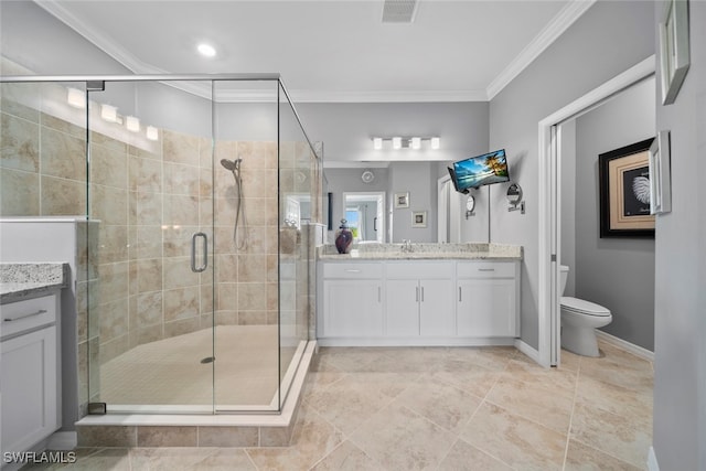 bathroom featuring toilet, an enclosed shower, ornamental molding, and vanity