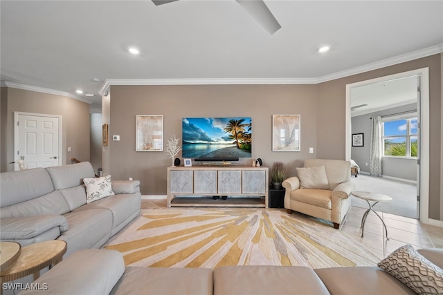 carpeted living room with crown molding