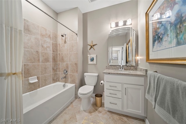 full bathroom featuring vanity, toilet, and shower / bathtub combination with curtain